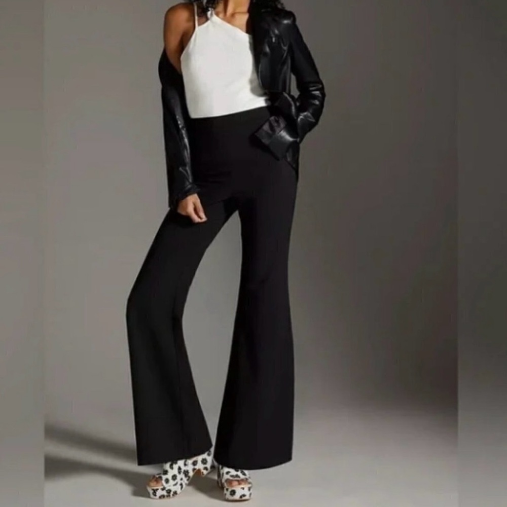 Anthropologie Hutch Stretch Crepe Flare Pants S Black High Rise Zip Trousers Fun